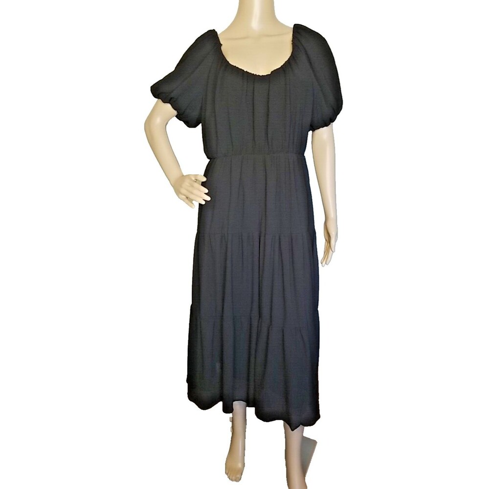 ASTR Tiered Midi Boho Flowy Summer Gauzy Dress M Puff Sleeve Midi Black      T51
